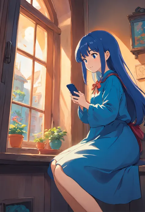 Witch Delivery Service,Girl playing with her phone by the window,Ghibli style,Background of living in Croatia，The overall color tone is blue，grieves