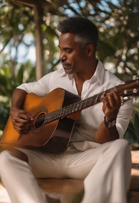 Homem de 48 anos, negro, tocando guitarra, canhoto, careca, em uma igreja, todo de preto, desenho estilo Disney pixar