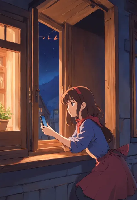 Witch Delivery Service,Girl playing with her phone by the window,Medium length brown hair，grieves，Ghibli style,Background of living in Croatia，the night，The light outside the window was dim，