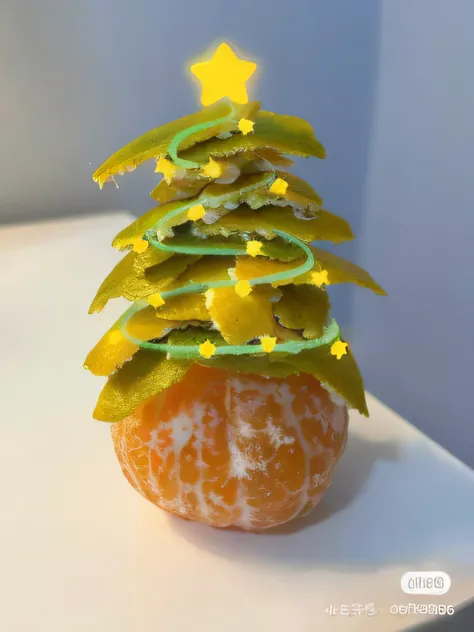 There is an orange，There is a Christmas tree on it, 🐿🍸🍋, michael angelo inspired, an alien fruit, 🥥 🍕 blend, festivity, 🤬 🤮 💕 🎀, Holiday, ❤🔥🍄🌪, Peel the oranges, Christmas tree, author：Emma Andievska, super realistic food picture, 🌲🌌