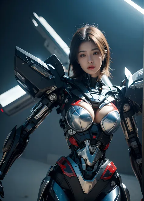 Textured skin, Super Detail, high details, High quality, Best Quality, hight resolution, 1080p, hard disk, Beautiful,(cyborgs),beautiful cyborg woman,Mecha Cyborg Girl,Battle Mode,Girl with a Mecha Body,She wears a battle cyborg mech with a weapon,Fulll bo...