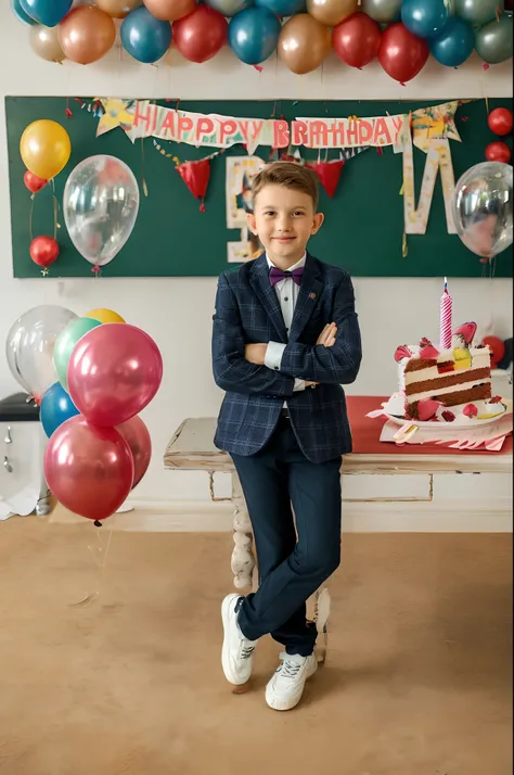 Handsome boy in leather jacket and jeans on the background of colorful balloons birthday 10 years old, Cake with candles, Надпись Happy birthday