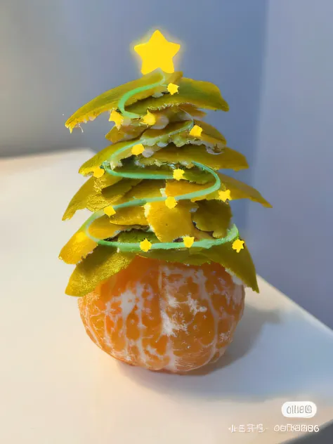 There is an orange，There is a Christmas tree on it, 🐿🍸🍋, michael angelo inspired, an alien fruit, 🥥 🍕 blend, festivity, 🤬 🤮 💕 🎀, Holiday, ❤🔥🍄🌪, Peel the oranges, Christmas tree, author：Emma Andievska, super realistic food picture, 🌲🌌