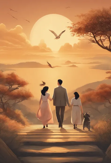 There were three people running around a book, The background of the book is the sky, exciting illustration, author：Cheng Jiasui, promotional poster, novel cover, warm and joyful atmosphere, author：Wang Yi, daily life, poster for, inspired by Ding Yunpeng,...