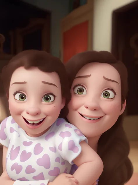 Create a Disney Pixar version of a very happy and playful mother and daughter