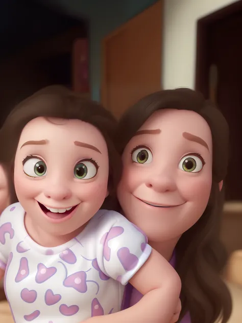 Create a Disney Pixar version of a very happy and playful mother and daughter