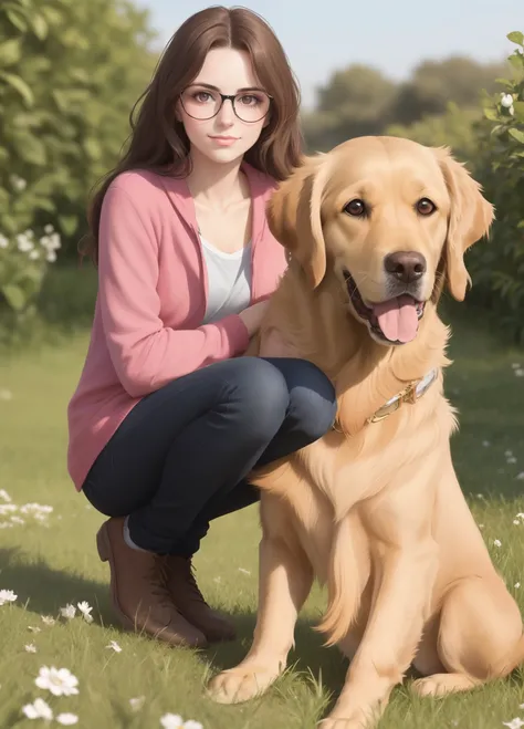 Maëlle jeune fille brune avec des lunettes qui est avec sa golden retriever blanche