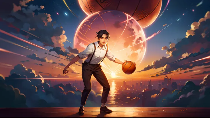 the sunset，eventide，middle parted hairstyle，Suspenders，Right-handed basketball，meteors（Swipe right），styled（Your name），A small lychee tree in the back