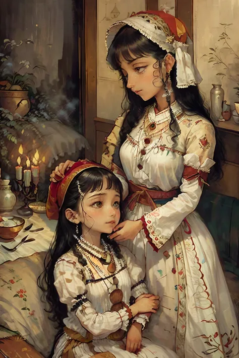 A beautiful Iranian woman sits next to the bed of her sick  closed eye child, stroking her hair to help her sleep. The bedroom is dark, lit only by the light of a candle. The mother is crying, long hair,  dressed in traditional Iranian clothing that reflec...