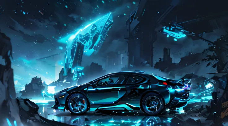 a car with a blue light,  lamplight,  incredulous, genius, colorful, glorious, omnious background, wondrous,the sheen, bmw i8, b...