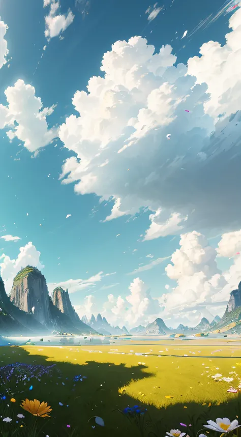 (extremely detailed CG unity 8k wallpaper, masterpiece, best quality, ultra-detailed), luminosity +1.5, floating, high saturation, a serene, idyllic grassland, featuring multicolored petals and foliage, a clear, blue sky, and white, fluffy clouds.