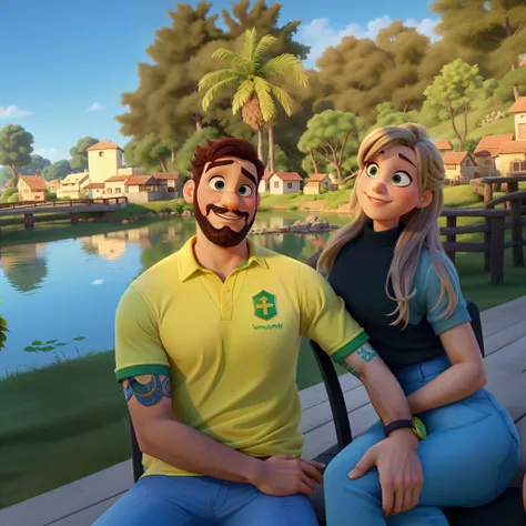 romantic couple, sunny day, homem com barba, mulher loira com olho verde,  igual aos filmes Disney Pixar