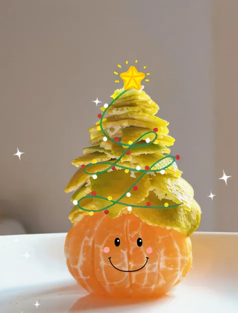 There is an orange，There is a Christmas tree on it, 🐿🍸🍋, festivity, Christmas tree, seasons!! : 🌸 ☀ 🍂 ❄, festivity, orange head, cheerfulness!!!, enjoyable, illustration!, fruit celebrity, cheerfulness, adolable, warm, warm and joyful atmosphere, fluffy or...