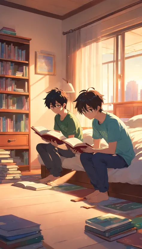 two boys reading books in bedroom, soft light, many books, tv on, cinematic, high detail, 8K, ultra HD