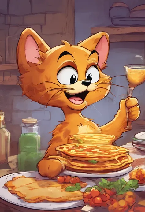 garfield with lasagne in cartoon style