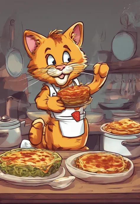 garfield with lasagne in cartoon style