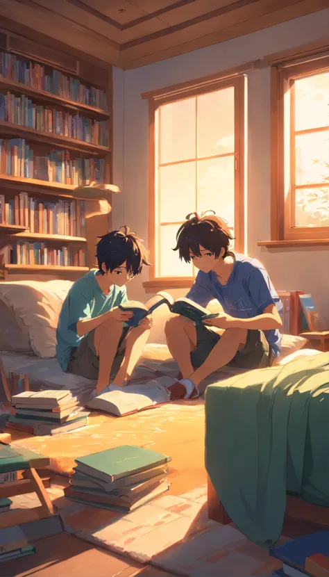 two boys reading books in bedroom, soft light, many books, tv on, cinematic, high detail, 8K, ultra HD