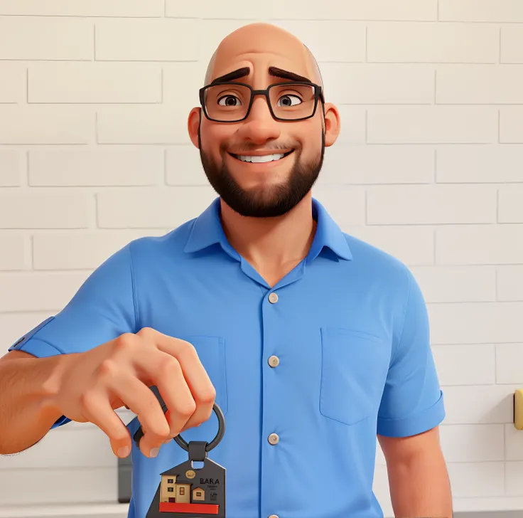 A Young Bald Realtor, de barba, sorrindo segurando uma chave com chaveiro de casa