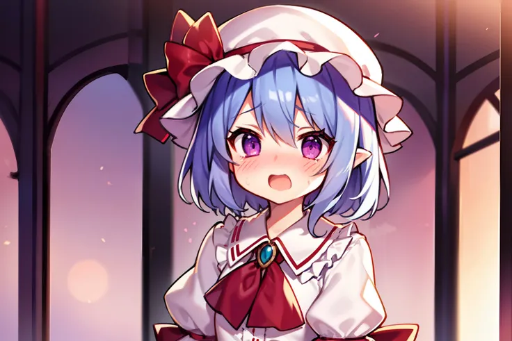 One girl、remilia scarlet、close range、beautiful countenance、purple color  hair（Highlights in the eyes）、embarrassed from、blushed face、suprised、Open mouth、Petite、shortsleeves、staring directly at camera、Hats