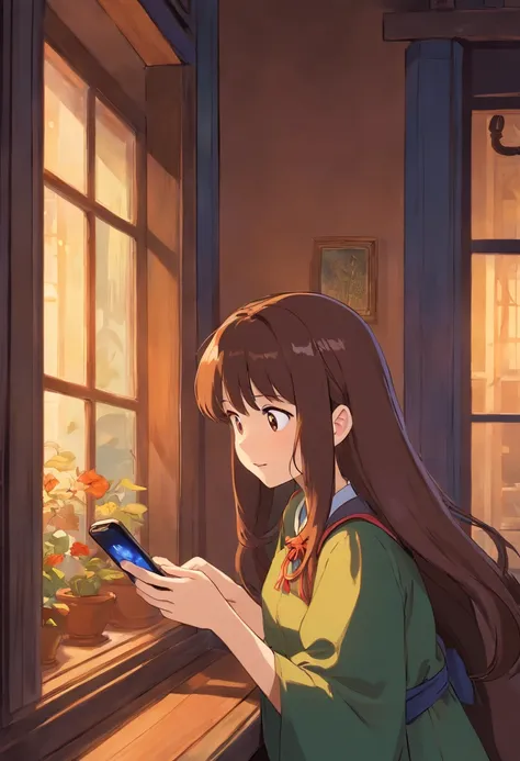 Witch Delivery Service,Girl playing with her phone by the window,Medium length brown hair，grieves，Ghibli style,Background of living in Croatia，the night，The light outside the window was dim，