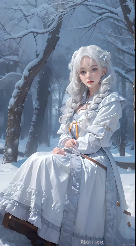 (8K, RAW photo, Photorealistic:1.4)， high resolution, 1 Women, Solo,。.。.3D， Hips up,(Lolita costume)，Wear a flowing skirt， Beautiful eyes, White hair, ringed eyes, (sitted，Cloak，Heavy snow)，snowfield，(full bodyesbian:1.5)