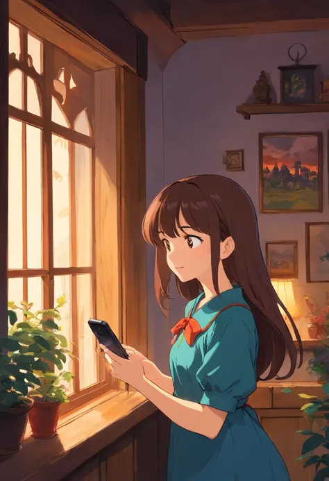 Witch Delivery Service,Girl playing with her phone by the window,Medium length brown hair，The upper part of the body，grieves，Ghibli style,Background of living in Croatia，the night，The light outside the window was dim，