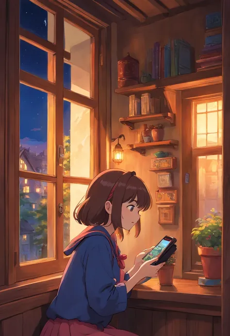 Witch Delivery Service,Girl playing with her phone by the window,Medium length brown hair，The upper part of the body，grieves，Ghibli style,Background of living in Croatia，the night，The light outside the window was dim，