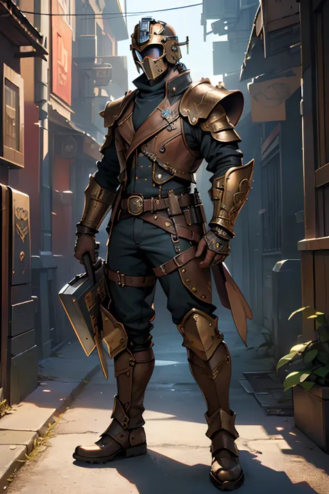 (a detailed description of a Steampunk guard),(illustration:1.1),(best quality,4k,highres),(ultra-detailed,photorealistic:1.37),(professional,studio lighting),(vivid colors),(physical based rendering),(rusty metal), (mechanical elements), (goggles), (leath...