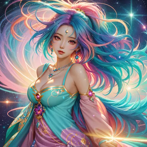 Close-up of a woman with colorful hair and necklace, anime girl with cosmic hair, The soft vibrancy of Ross Dress, Gviz-inspired artwork, Fantasy Art Style, Colorful]", vibrant fantasy style, rossdraws cartoon vibrant, Colorful, guweiz, colorfull digital f...