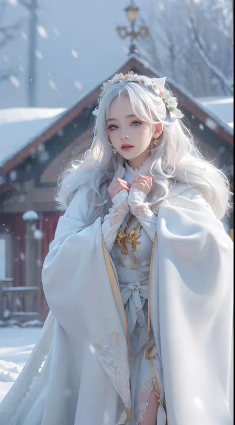 (8K, RAW photo, Photorealistic:1.4)， high resolution, 1 Women, Solo,。.。.3D， Hips up,(Lolita costume)，Wear a flowing skirt， Beautiful eyes, White hair, ringed eyes, (sitted，Cloak，Heavy snow)，snowfield，(full bodyesbian:1.5)