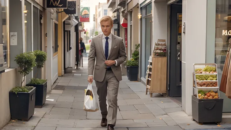 young man, walking down the sidewalk with a bag of fruit, {blonde hair}, [suit and tie], fruit store, standing in the background [bag of fruit]