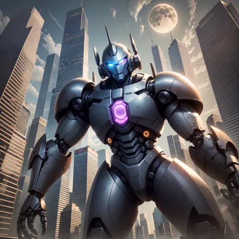 a robot with many colors and metal muscular in the moon fighting with the army of skyscrapers, skyscrapers looking good enough to fight with and scene should be in animated feature with bright colors. --auto --s2