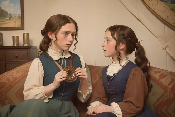 year: 1853. Location: Rock Island, Illinois. Pre-Raphaelite scene with a (((10-year-old George MacKay))), with a 14-year-old girl, talking in their livingroom, singing, happy, ((((rural Clothing from the 1850s)))) ((Hairstyle of the 1850s)), ((("OMITB" cin...