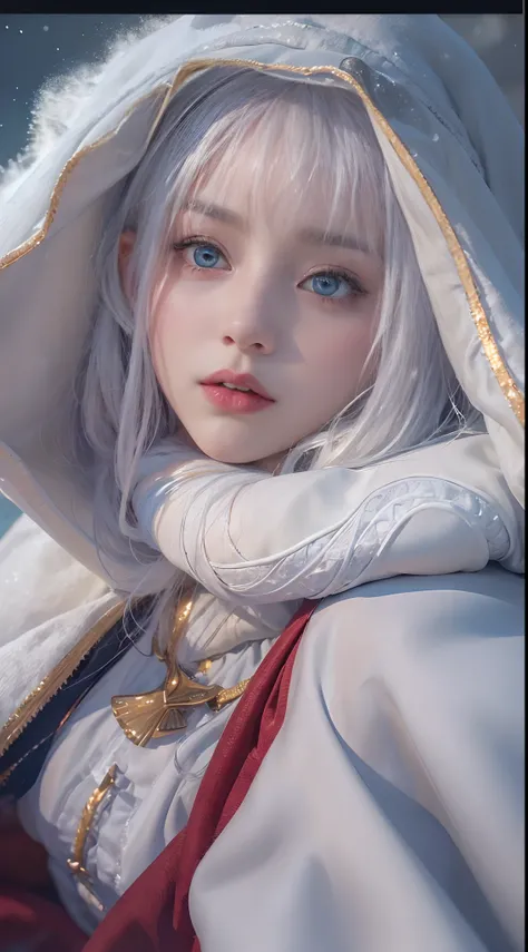 (8K, RAW photo, Photorealistic:1.4)， high resolution, 1 Women, Solo,。.。.。.3D， Hips up,(Lolita costume)，Wear a flowing skirt， Beautiful eyes, White hair, ringed eyes, (sitted，Cloak，Heavy snow)，snowfield，(full bodyesbian:1.5)