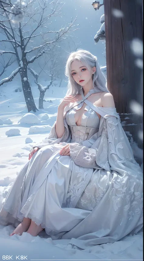 (8K, RAW photo, Photorealistic:1.4)， high resolution, 1 Women, Solo,。.。.。.3D， Hips up,(Lolita costume)，Wear a flowing skirt， Beautiful eyes, White hair, ringed eyes, (sitted，Cloak，Heavy snow)，snowfield，(full bodyesbian:1.5)