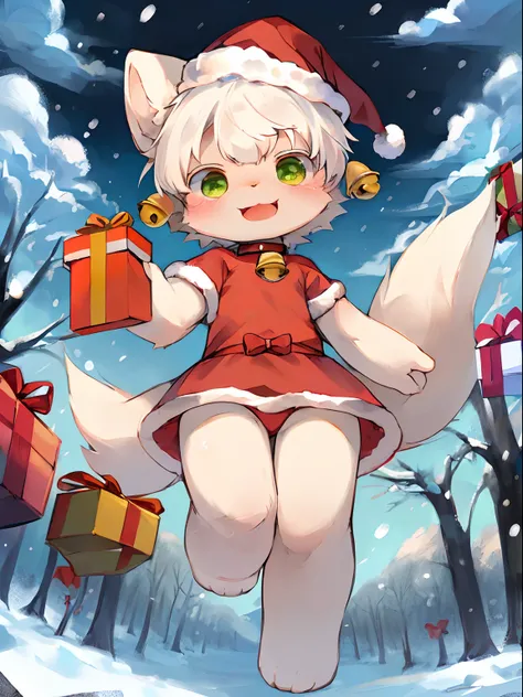 masutepiece, High quality, Absurd resolution, Digital Painting  (The artwork ), By Dagasi, yupa, Kiyosan, (fluffy fur, White fur, Full body fur,), Ears lowered,Male child,独奏, Green eyes, White hair,Christmas Hats,white body hair,Have a gift box,3rd class,T...