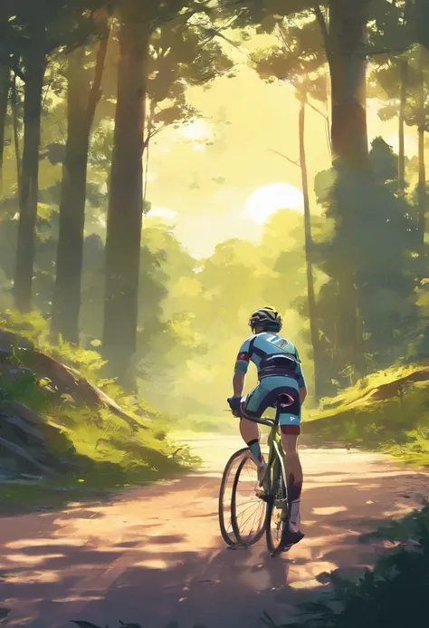 (bike: 1.5), (Realistic bike: 1.5), (Realistic cyclists: 1.5), Cyclists return to the foreground, Loepfe view, Nature, Sun, forest, Clearing, bushes, Landscape background, Shadows, Contrast, Makoto Shinkai (Best quality:1.3), (A high resolution:1) Studio G...