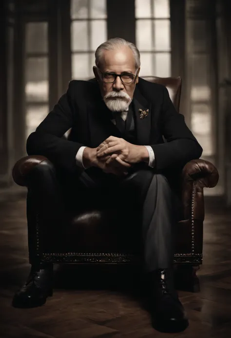 Old gentleman with a goatee，sit on chair，Eyes look at boots，Black high-gloss rain boots, 8K分辨率,Wallpaper masterpiece，Best quality，Highly meticulous，Ultra high quality，The midday sun is a bit dazzling。