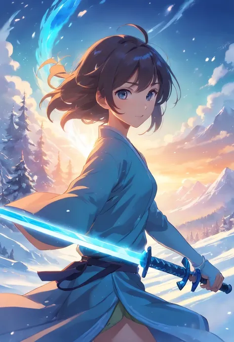 The Sword of the Snowy Mountain, Ancient Wind Woman Ice Flame Sword, Armed with the Blue Flame Burning Sword, The long hair flowing in the snow, dancing swords in white, Beautiful woman holding a silver long sword, Wear jade jewelry, Her face was full of c...