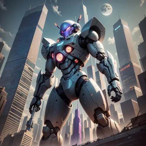 a robot with many colors and metal muscular in the moon fighting with the army of skyscrapers, skyscrapers looking good enough to fight with and scene should be in animated feature with bright colors. --auto --s2