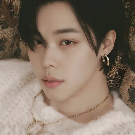 A closeup of a person lying on a sofa with a sweater, JiminNariz grego, Jimin, Jimins right eyelid swollen, JiminPlump lips, Parque Jimin, Kim Doyoung, Jung Jaehyun, Rosto Jimin preciso, Hyung Tae, Hsiao-Rony, Jinyoung Canela, Retrato de Jossi de Blackpink