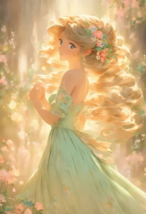 aged 30,Super detailed,a beautiful girl, , playful and charming. The girl’s dress is made of a delicate, flowing fabric that seems to dance in the breeze. The color is a soft pastel, reminiscent of the wildflowers that surround her. The bodice is fitted, w...