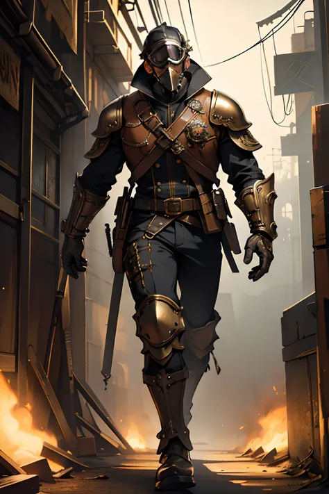 (best quality,highres,ultra-detailed,realistic:1.2),steampunk guard,full body,armored suit,shotgun,token,RPG,mechanical,elaborate,Victorian era,steam-powered,fine crafted,ornate design,brass details,goggles,clockwork gears,leather gloves,helmet with goggle...