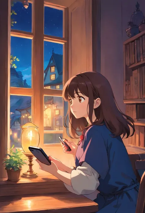 Witch Delivery Service,Girl playing with her phone by the window,Medium length brown hair，The upper part of the body，grieves，Ghibli style,Background of living in Croatia，the night，The light outside the window was dim，The overall tone is blue