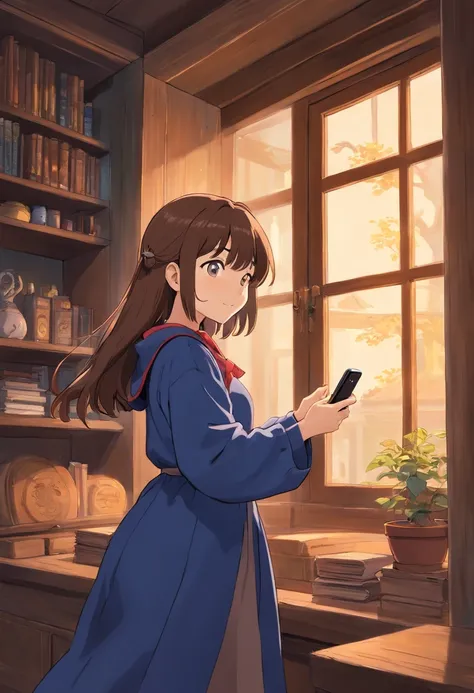 Witch Delivery Service,Girl playing with her phone by the window,Medium length brown hair，The upper part of the body，grieves，Ghibli style,Background of living in Croatia，the night，The light outside the window was dim，The overall tone is blue