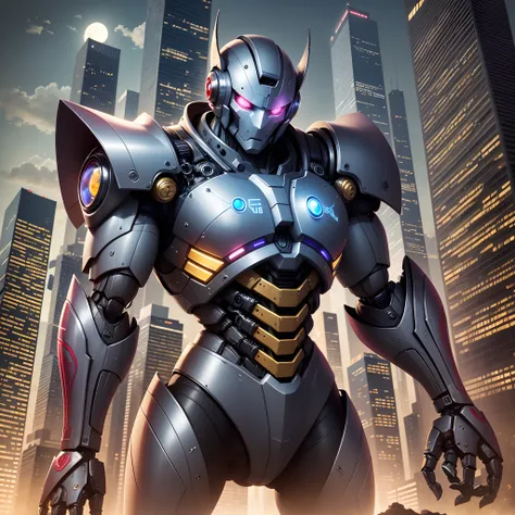 a robot with many colors and metal muscular in the moon fighting with the army of skyscrapers, skyscrapers looking good enough to fight with and scene should be in animated feature with bright colors. --auto --s2