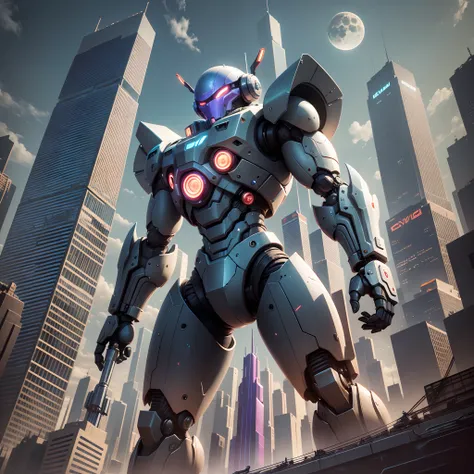 a robot with many colors and metal muscular in the moon fighting with the army of skyscrapers, skyscrapers looking good enough to fight with and scene should be in animated feature with bright colors. --auto --s2