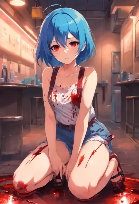 1 girl, blue_hair, blood, blood_on_clothes, blood_on_face, blood_on_hands, blood splatter, breasts , suspenders, high heels jewelry, injury, looking_at_viewer, red eyes, sitting, thighs, alone