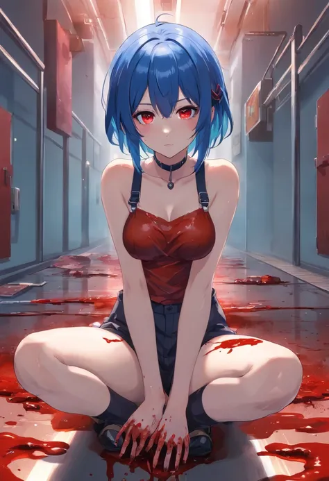 1 girl, blue_hair, blood, blood_on_clothes, blood_on_face, blood_on_hands, blood splatter, breasts , suspenders, high heels jewelry, injury, looking_at_viewer, red eyes, sitting, thighs, alone