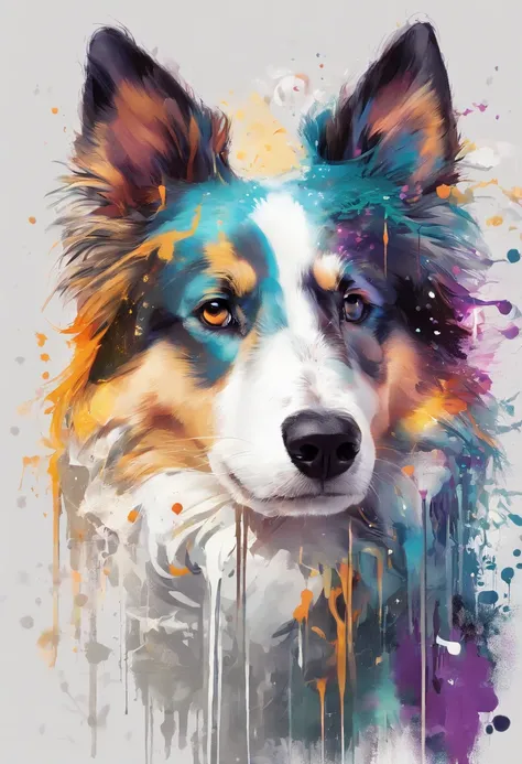 Splash Art, Shetland Shetland Shepherd Dog, ((White background)), piercing eyes, Epic Instagram, art  stations, splash style of color paint, contours, hyper detailed intricately detailed , illusory engine, Fantastical, intricately details, Splash screen, C...